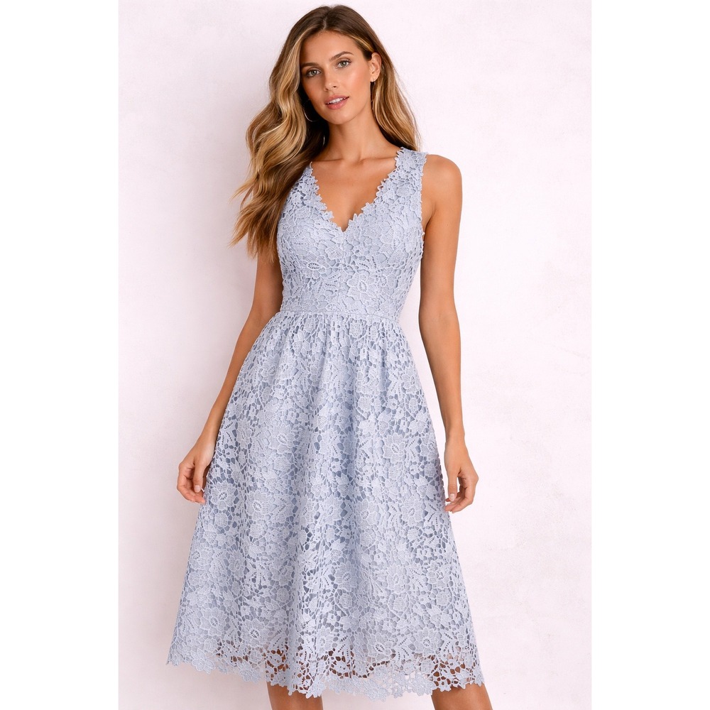 ASTR The Label Blue Floral Guipure Lace Midi Dress Romantic Coquette Medium NWOt